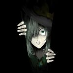  1girl black_background black_hat bow collared_shirt commentary_request doorway fingernails green_eyes green_hair grey_hair hair_between_eyes hair_over_one_eye hat hat_bow highres horror_(theme) komeiji_koishi long_bangs looking_at_viewer parted_lips pov_doorway shirt solo takayo_(user_yeah3737) touhou upper_body yellow_bow 