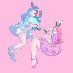  2girls animal_ear_hairband animal_ears azumarill bloomers blue_dress blue_eyes blue_hair braid closed_mouth commentary crossover dress fake_animal_ears full_body hairband highres holding holding_pokemon hug invisible_chair king_of_prism king_of_prism:_shiny_seven_stars long_hair looking_at_viewer multiple_girls nyaasechan one_eye_closed open_mouth pink_background pink_eyes pink_footwear pink_hair pokemon pokemon_(creature) pretty_rhythm pretty_series purple_dress rabbit_ear_hairband rabbit_ears saionji_kirari saionji_yurari shoes siblings side_braid simple_background sisters sitting socks symbol-only_commentary twins white_socks wigglytuff 