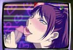  1girl blush censored earrings fellatio heart hetero jewelry kujikawa_rise licking lipstick makeup mosaic_censoring naughty_face neon_lights oral penis persona persona_4 pole pubic_hair purple_hair s_(tenshi_no_kiss) stripper stripper_pole television twintails yellow_eyes 