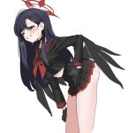  1girl ahoge asymmetrical_bangs bare_legs bent_over black_choker black_gloves black_hair black_sailor_collar black_serafuku black_skirt black_wings blue_archive blush breasts choker cowboy_shot crop_top feathered_wings fried_bocky from_side gloves grey_eyes grin hair_behind_ear hair_ornament hairclip halo hand_on_own_hip hand_on_own_thigh highres ichika_(blue_archive) leaning_forward long_hair long_sleeves looking_at_viewer looking_to_the_side low_wings medium_breasts midriff midriff_peek miniskirt neckerchief one_eye_closed red_halo red_neckerchief sailor_collar school_uniform serafuku sideways_glance simple_background skirt smile solo sweat underbutt unusually_open_eyes white_background wings 