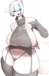 absurd_res anthro big_breasts blue_eyes breasts canid canine canis clothed clothing denyfake female fingers fur hair hi_res huge_breasts kemono looking_at_viewer mammal meme meme_clothing side_boob simple_background solo sweater tail tongue topwear virgin_killer_sweater white_body white_fur