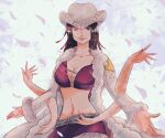  1girl black_hair blue_eyes coat commentary_request cowboy_hat cowboy_shot crop_top cross-laced_clothes cross-laced_top extra_arms hat light_smile long_sleeves looking_at_viewer medium_hair navel nico_robin one_piece petals purple_shirt purple_skirt shirt skirt smile solo white_background white_coat wnp_lo 
