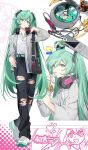  1girl black_pants blue_eyes blue_hair blue_nails cd_player cellphone chibi cursor flip_phone hatsune_miku highres iwatnc long_hair multiple_views pants phone solo user_interface very_long_hair vocaloid white_background window_(computing) 