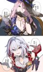  2girls after_cunnilingus armchair black_gloves black_hat breasts chair chinese_commentary chinese_text cleavage commentary_request gloves grey_eyes grey_hair hands_on_another&#039;s_thighs highres honkai:_star_rail honkai_(series) jade_(honkai:_star_rail) jewelry long_hair medium_breasts multicolored_hair multiple_girls necklace on_chair parted_lips pink_hair pussy_juice red_hair rekka shirt sitting smile speech_bubble spread_legs streaked_hair tongue topaz_(honkai:_star_rail) translation_request white_shirt yuri 