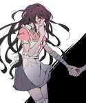  2girls apron back_bow bad_id bad_twitter_id bandaged_arm bandaged_knees bandages black_background blue_skirt blunt_bangs blush_stickers bow buttons collar collared_shirt commentary covering_own_mouth cowboy_shot crying crying_with_eyes_open danganronpa_(series) danganronpa_2:_goodbye_despair enoshima_junko highres holding_hands long_hair looking_at_hand miniskirt multiple_girls nail_polish pink_shirt pink_sleeves pleated_skirt puffy_short_sleeves puffy_sleeves purple_hair red_eyes red_nails ribbon shirt short_sleeves simple_background skirt solo_focus teardrop tears tsumiki_mikan two-tone_background very_long_hair white_apron white_background white_collar white_ribbon yuno_(ou35i) 
