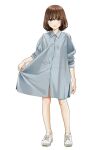  1girl breasts brown_hair buttons collared_shirt full_body grey_shirt looking_at_viewer mattaku_mousuke open_mouth original oversized_clothes oversized_shirt shirt shoes short_hair simple_background sleeves_pushed_up small_breasts solo standing watermark white_background white_footwear 