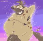 2024 anthro balls belly big_belly bodily_fluids boss_(twende) brown_body genitals heart_symbol hi_res hyena jusosleep male mammal moobs musk navel nipples overweight overweight_male penis simple_background solo sweat twende_(series)