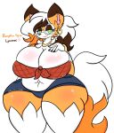 anthro big_breasts bottomwear breasts clothing dusk_lycanroc female generation_7_pokemon green_eyes hair hi_res huge_breasts lewdchuu_(artist) lycanroc navel nintendo orange_body pokemon pokemon_(species) pumpkin_spice_(lewdchuu) shirt shorts simple_background solo tail thick_thighs topwear white_background white_hair