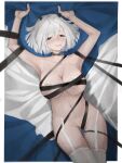  1girl absurdres alternate_eye_color alternate_hair_color areola_slip armpits black_choker blush bound bound_arms breasts brown_dust_2 censored choker covered_nipples crying crying_with_eyes_open feet_out_of_frame full-face_blush garter_belt hair_in_own_mouth highres justia_(brown_dust) large_breasts lips lying navel on_back on_bed red_eyes sheet_grab short_hair small_horns solo stomach tape_censor tears teeth thighhighs user_jpvk2737 white_hair white_thighhighs 