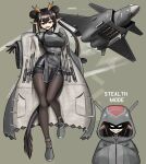  1girl absurdres aircraft airplane breasts canards coat dress english_commentary english_text fangs fighter_jet full_body grey_background grey_coat grey_footwear highres horns j-20 jet long_sleeves military_vehicle missile multiple_views open_clothes open_coat original pandramodo pantyhose parted_lips people&#039;s_liberation_army people&#039;s_liberation_army_air_force personification pointy_ears simple_background smile standing tail teeth 