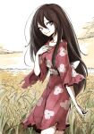  1girl black_hair commentary_request dororo_(tezuka) grey_eyes guest_art highres igarashi_ran_(igatz) japanese_clothes kimono long_hair looking_at_viewer mio_(dororo) outdoors rice_(plant) rice_paddy sky smile solo very_long_hair 