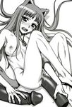  absurdres barefoot censored dildo feet greyscale highres holo large_insertion long_hair minazuki_juuzou monochrome nude object_insertion open_mouth solo spice_and_wolf sweat 