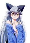  1girl animal_ears black_hair blush bra_strap extra_ears floral_print fox_ears fox_tail furisode grey_hair hair_between_eyes highres japanese_clothes kemono_friends kemono_friends_3 kimono long_hair long_sleeves looking_at_viewer mamiyama multicolored_hair obi official_alternate_costume orange_eyes print_kimono sash silver_fox_(kemono_friends) smile tail wide_sleeves 