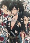  1girl 2boys amputee bandaged_arm bandages black_hair blood blood_on_face blood_stain commentary_request dangmill dororo_(character) dororo_(tezuka) expressionless flower guest_art highres hyakkimaru_(dororo) japanese_clothes long_hair mouth_hold multiple_boys one_eye_closed ponytail prosthesis prosthetic_arm prosthetic_weapon red_eyes red_flower tahoumaru 