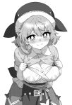  1girl apron blush breasts breasts_out closed_mouth collared_shirt commentary cowboy_shot cum cum_on_body cum_on_breasts greyscale hair_between_eyes hat large_breasts leaning_forward looking_at_viewer medium_bangs medium_hair monochrome nipples okunoda_miyoi onkn_sxkn open_clothes open_shirt shirt short_sleeves simple_background skirt solo touhou waist_apron whale_hat white_background 