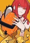  1girl absurdres black_choker chainsaw chainsaw_man choker grabbing highres makima_(chainsaw_man) pochita_(chainsaw_man) ponytail red_hair ringed_eyes sailen0 scared shirt staring upper_body yellow_background yellow_eyes yellow_nails yellow_shirt 