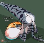 anthro areola batartcave big_breasts biped blonde_hair breasts butt dialogue felid female grey_body hair hi_res huge_breasts hyper hyper_breasts inverted_nipples mammal nipples nude pantherine solo striped_body stripes text thick_thighs tiger