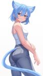  1girl absurdres animal_ears aoi_zerii bare_arms bare_shoulders blue_eyes blue_hair cat_ears cat_tail denim extra_ears fang grey_pants hair_between_eyes highres hololive hoshimachi_suisei jeans pants star_(symbol) star_in_eye symbol_in_eye tail tank_top virtual_youtuber white_background white_tank_top 