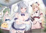  3girls absurdres ahoge animal animal_ears apron azur_lane bare_shoulders bird blonde_hair blue_hair blush breasts cat_ears chandelier cleavage comet_(azur_lane) commentary_request company_connection company_name copyright_name crescent_(azur_lane) curtains cygnet_(azur_lane) day detached_collar double_bun dress fake_animal_ears frills garter_straps grey_hair hair_bun hair_ornament highres indoors large_breasts leaning_forward logo long_hair looking_at_viewer maid maid_headdress manjuu_(azur_lane) medium_breasts multiple_girls official_art open_mouth purple_eyes red_eyes short_dress sitting sleeveless smile thighhighs thighs tomoo_(tomo) waist_apron window wrist_cuffs zettai_ryouiki 