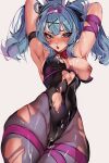  1girl absurdres animal_ears armpits arms_behind_head black_leotard blue_eyes blue_hair blush breasts clothing_cutout cum cum_on_body cum_on_breasts cutout_above_navel facial fake_animal_ears hair_intakes hair_ornament hatsune_miku heart heart-shaped_pupils heart_cutout highres impossible_clothes impossible_leotard leotard looking_at_viewer neck_ribbon one_breast_out open_mouth pantyhose playboy_bunny rabbit_ears rabbit_hole_(vocaloid) red_ribbon ribbon solo suliavtuber symbol-shaped_pupils teardrop_facial_mark thigh_strap torn_clothes torn_leotard torn_pantyhose twintails vocaloid x_hair_ornament 