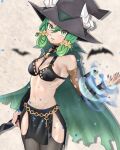  1girl bare_shoulders cloak fake_horns fingernails folded_hair green_cloak green_eyes green_hair hat highres holding holding_staff horned_hat horned_headwear horns long_fingernails o-ring_strap oyecomova08 red_nails sharp_fingernails staff unicorn_overlord witch_hat yahna_(unicorn_overlord) 