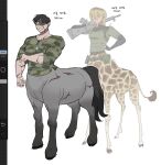  1girl adjusting_clothes animal arm_up black_hair blue_eyes brown_hair camouflage camouflage_shirt centaur centauroid closed_mouth commentary_request dog_tags earrings eyepatch freckles giraffe giraffe_girl green_eyes green_shirt grin gun hand_on_own_hip highres holding holding_gun holding_weapon hooves jewelry kimsuseu korean_commentary korean_text long_hair long_sleeves looking_at_viewer monster_girl multicolored_hair muscular muscular_female original over_shoulder radio reference_inset scar scar_on_arm scar_on_face scar_on_leg scar_on_neck shirt short_hair smile standing tactical_clothes taur translation_request user_interface very_short_hair weapon weapon_over_shoulder 