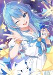  1girl ;d absurdres blue_choker blue_eyes blue_hair blue_nails blue_neckerchief bow choker collarbone earrings floating_hair hair_bow highres holding holding_microphone hololive hoshimachi_suisei hoshimachi_suisei_(school_uniform) jewelry looking_at_viewer microphone nail_polish neckerchief one_eye_closed open_mouth pleated_skirt sailor_collar sailor_shirt school_uniform serafuku shirt short_hair short_sleeves skirt smile solo tang-du virtual_youtuber white_bow white_sailor_collar white_serafuku white_shirt white_skirt 