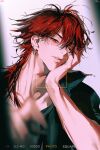  1boy absurdres black_shirt blurry collarbone depth_of_field ear_piercing hand_on_own_chin head_rest head_tilt highres light_blush long_hair looking_at_viewer male_focus messy_hair one_eye_closed original parted_lips piercing reaching reaching_towards_viewer red_eyes red_hair shirt solo teeth upper_body viewfinder volff wolf_cut 
