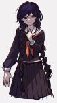  1girl braid clenched_hand closed_mouth collared_shirt commentary_request cropped_legs danganronpa:_trigger_happy_havoc danganronpa_(series) eyelashes frown fukawa_toko glasses hair_over_shoulder hand_on_own_chest highres long_hair long_skirt long_sleeves looking_at_viewer low_twin_braids mole mole_under_mouth neckerchief pleated_skirt purple_eyes purple_hair purple_serafuku purple_shirt purple_skirt purple_sleeves red_neckerchief round_eyewear sailor_collar school_uniform serafuku shirt simple_background skirt solo twin_braids very_long_hair white_background white_sailor_collar ze_ro_saiji 