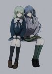  2girls absurdres bang_dream! bang_dream!_it&#039;s_mygo!!!!! black_ribbon black_socks blue_hair blue_shirt blue_skirt brown_footwear closed_mouth collared_shirt commentary_request expressionless full_body green_hair green_skirt grey_background grey_jacket grey_neckerchief hair_ribbon haneoka_school_uniform highres jacha_gam jacket kneehighs korean_commentary loafers long_hair multiple_girls neckerchief plaid plaid_skirt pleated_skirt ribbon sailor_collar school_uniform shirt shoes sitting skirt socks togawa_sakiko tsukinomori_school_uniform two_side_up wakaba_mutsumi white_sailor_collar white_shirt yellow_eyes 