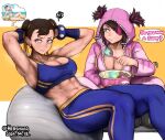  2girls abs armpits ball bikini breasts breath chun-li cosplay double_bun eating english_text exercise_ball exercising food hair_bun hair_through_hood han_juri hershuar ice_cream imagining kigurumi multiple_girls muscular muscular_female official_alternate_costume pants sit-up speech_bubble sports_bra squiggle steaming_body street_fighter street_fighter_6 striped_clothes striped_pants studded_bracelet sweat sweaty_clothes swimsuit vertical-striped_clothes vertical-striped_pants very_sweaty weight_conscious yoga_pants 