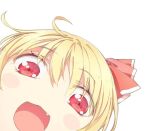  1girl blonde_hair close-up fang hair_between_eyes looking_at_viewer messy_hair open_mouth red_eyes rumia simple_background solo touhou tsukimiya_kamiko white_background 
