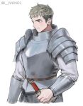  1boy absurdres armor breastplate brown_eyes closed_mouth dungeon_meshi grey_hair highres holding holding_sword holding_weapon i_monos laios_touden looking_to_the_side male_focus plate_armor serious shirt short_hair shoulder_armor solo sword twitter_username upper_body vambraces weapon white_background white_shirt 