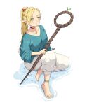  1girl anklet barefoot blonde_hair blue_shirt bow braid choker collarbone crown_braid dungeon_meshi elf green_eyes holding holding_staff jewelry jk_arts long_hair marcille_donato pants pointy_ears ponytail red_bow red_choker shirt signature solo staff twitter_username v-neck white_pants 