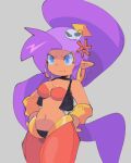 abstractpurple angry bandanna blue_eyes bottomwear breasts brown_body brown_skin cleavage clothed clothing ear_piercing ear_ring female genie hair hi_res humanoid humanoid_pointy_ears jewelry kerchief long_hair not_furry pants piercing ponytail purple_hair ring_piercing shantae shantae_(series) simple_background solo wayforward