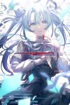  1girl absurdres blood blood_on_hands blood_on_neck blue_dress blue_hair blurry blurry_foreground commentary_request cowboy_shot dagger dress gehenna_(vocaloid) glitch hair_between_eyes hair_ribbon hands_up hatsune_miku highres holding holding_knife holding_weapon knife long_hair long_sleeves looking_at_viewer parted_lips ribbon sidelocks solo standing tears twinte vocaloid weapon yuzuha_wasa 