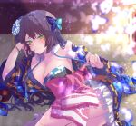  1girl arm_support assault_lily blue_flower blue_kimono blurry blurry_background blush bow breasts bug butterfly butterfly_hair_ornament checkered_clothes checkered_kimono cleavage closed_mouth commentary_request cowboy_shot depth_of_field fingernails flower frilled_kimono frills funada_kiito fur_collar green_eyes hair_flower hair_ornament hand_on_own_cheek hand_on_own_face hands_up head_rest highres indoors japanese_clothes kimono large_breasts light_particles long_hair long_sleeves looking_at_viewer lying naridon off_shoulder official_alternate_costume on_floor on_side pink_bow purple_hair short_kimono single_bare_shoulder smile solo tatami white_butterfly wide_sleeves 
