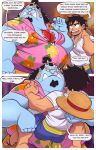 2024 belly black_hair blue_body carrying_another clothed clothing comic dialogue duo english_text fish-men_(one_piece) frown_eyebrows fully_clothed hair hi_res human humanoid jinbe luffy_(one_piece) male mammal marine moobs not_furry one_piece overweight overweight_male size_difference smaller_human teeth text trashtoonz underbite