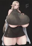absurd_res big_breasts biped blonde_hair bottomwear breasts clothed clothing ear_piercing ear_ring elf eyelashes female hair hi_res huge_breasts hyper hyper_breasts looking_at_viewer not_furry piercing ring_piercing skirt smile solo thick_thighs zer0.zer0