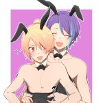  2boys 7v_xyz absurdres animal_ears aqua_hair bare_arms bare_shoulders black_bow black_bowtie black_leotard blonde_hair blush border bow bowtie closed_eyes collar collarbone detached_collar fake_animal_ears fingerless_gloves gloves grabbing grabbing_from_behind gradient_hair high_ponytail highres kamishiro_rui leotard long_hair looking_down multicolored_hair multiple_boys official_alternate_hair_length official_alternate_hairstyle open_mouth orange_eyes orange_hair outline pink_background playboy_bunny ponytail project_sekai purple_hair rabbit_ears short_hair smile streaked_hair sweat tenma_tsukasa upper_body v-shaped_eyebrows white_border white_collar white_outline wide-eyed 