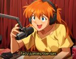  1girl :d blue_eyes blush book can collarbone commentary curtains dr_pepper drink_can elbow_rest english_commentary hair_between_eyes headphones highres holding holding_microphone interface_headset khyle. long_hair looking_ahead loose_hair_strand microphone microphone_stand neon_genesis_evangelion open_mouth orange_hair paper shirt short_sleeves sitting smile soda_can solo souryuu_asuka_langley spanish_text t-shirt table translated two_side_up upper_body yellow_shirt 