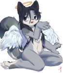 2023 absurd_res angel anthro black_hair blaedic brown_eyes canid canine canis chest_tuft claws crotch_tuft cute_fangs dipstick_tail feathered_wings feathers female female_anthro front_view hair halo handpaw hi_res long_hair long_tail looking_aside mammal markings nude open_mouth paws plantigrade portrait raised_arm simple_background sitting solo tail tail_markings trans_(lore) trans_man_(lore) tuft virgil_(somberpaw) white_background white_body white_feathers wings wolf