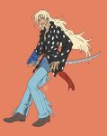  1boy black_shirt blonde_hair denim earrings english_commentary eyelashes facial_hair full_body goatee jeans jewelry killer_(one_piece) long_hair looking_to_the_side male_focus multiple_rings one_piece pants pastghost red_background red_sash ring sash shirt solo sword very_long_hair weapon wide_sleeves 