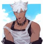  1boy animal_collar animal_ears artist_name black_collar black_jacket black_tank_top blue_background blue_eyes blue_sky cloud collar dark-skinned_male dark_skin dog_boy dog_ears earrings english_commentary english_text fangs hair_between_eyes heavy_breathing highres homici jacket jacket_partially_removed jewelry kemonomimi_mode male_focus mammon_(obey_me!) obey_me!:_one_master_to_rule_them_all! open_mouth outdoors short_hair sky solo spiked_collar spikes strap_slip sweat tank_top tongue tongue_out twitter_username upper_body very_short_hair white_hair white_tank_top 