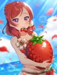  1girl absurdres bikini birthday blue_sky breasts cloud cloudy_sky collarbone commentary food fruit highres holding holding_food kyaku_tasu love_live! love_live!_school_idol_project medium_breasts medium_hair mouth_hold nishikino_maki oversized_food oversized_object petals purple_eyes red_hair signature sky solo strawberry swimsuit 