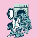  1boy animal_ear_fluff animal_ears banknote clothes english_commentary full_body furry furry_male highres lying male_focus money on_stomach oratnir_aka_9 original pink_background rabbit_boy rabbit_ears simple_background socks solo sparkle washing_machine 