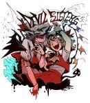  2girls ascot blonde_hair cowboy_shot crystal_wings dress english_text fang flandre_scarlet hat hat_ribbon highres howah18 mob_cap multiple_girls open_mouth pointy_ears purple_eyes red_ascot red_dress red_eyes red_ribbon remilia_scarlet ribbon short_hair simple_background touhou vampire white_background yellow_ascot 