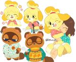 animal_crossing anthro beverage blush canid canine clothing container cup female floppy_ears group hi_res hug human isabelle_(animal_crossing) kiirono male mammal nintendo open_mouth open_smile procyonid raccoon signature simple_background smile tom_nook_(animal_crossing) villager_(animal_crossing)