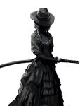  1girl braid commentary_request cowboy_shot dress english_commentary face_in_shadow fighting_stance frilled_dress frills greyscale hat highres inata_wataru katana long_dress long_hair long_sleeves mixed-language_commentary monochrome original ready_to_draw scabbard sheath sheathed simple_background solo standing sword weapon white_background 