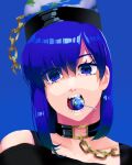  1girl bare_shoulders black_shirt blue_background blue_eyes blue_hair broken broken_chain candy chain collar commentary_request eyelashes eyes_visible_through_hair food gold_chain hair_behind_ear hair_between_eyes head_tilt hecatia_lapislazuli hecatia_lapislazuli_(earth) highres lollipop long_hair looking_at_viewer medium_bangs mixed-language_commentary mouth_hold nostrils off-shoulder_shirt off_shoulder open_mouth portrait shirt simple_background solo straight-on takayo_(user_yeah3737) teeth tongue touhou uneven_eyes 